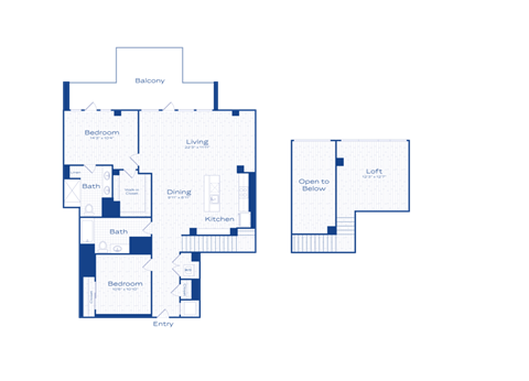 A floor plan of a house with a balcony, two bathrooms, a living area, a kitchen, and two bedrooms.